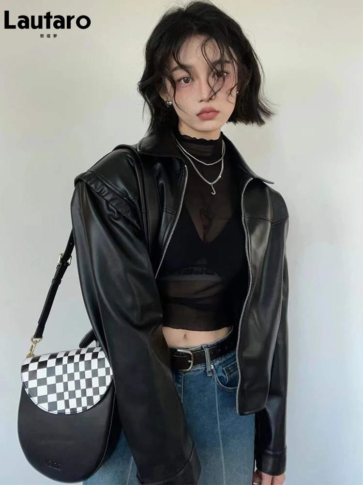 

Lautaro Spring Oversized Black Short Faux Leather Jackets for Women Long Sleeve Zipper Runway Loose Retro Clothes Streetwear