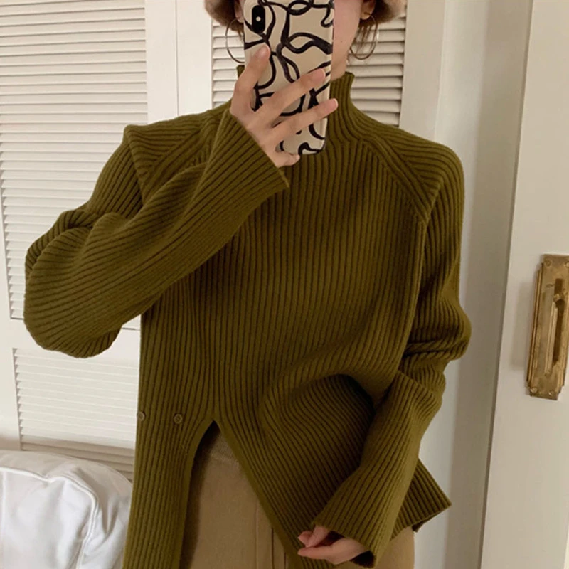 

Women Retro Vintage Korean Style Split Pullovers Knit Sweater Lady Girls Fashion Long Sleeve Tops Jumpers Turtleneck Sweaters