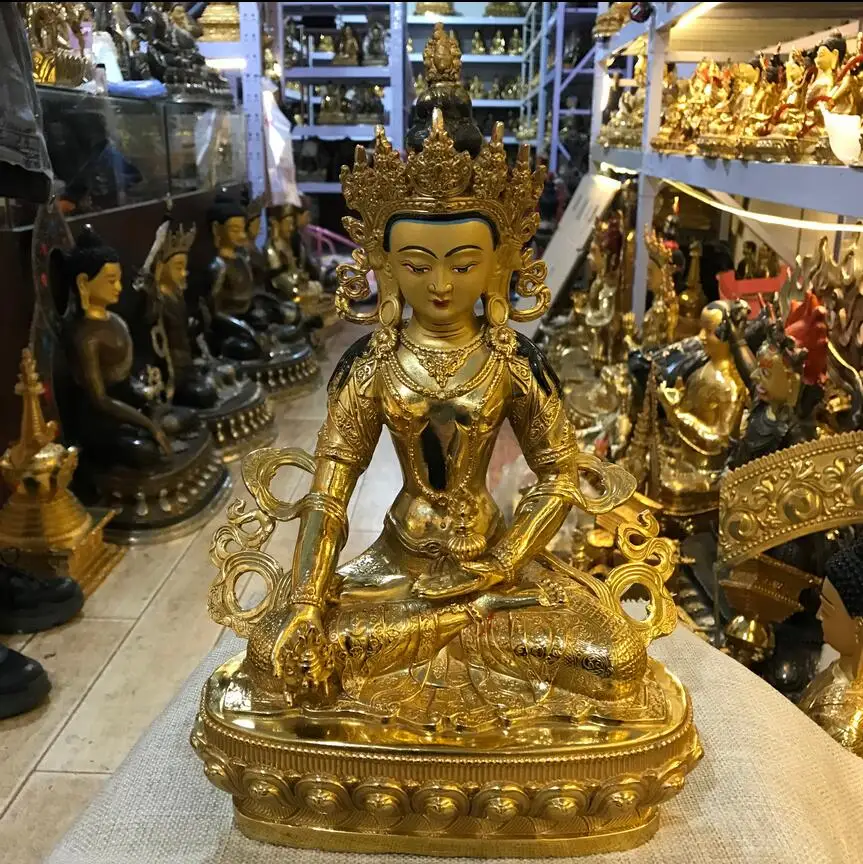 

10" Pure Copper Gilt Buddha Statue Tantric Jizo Buddha Hall Ornament 30cm high