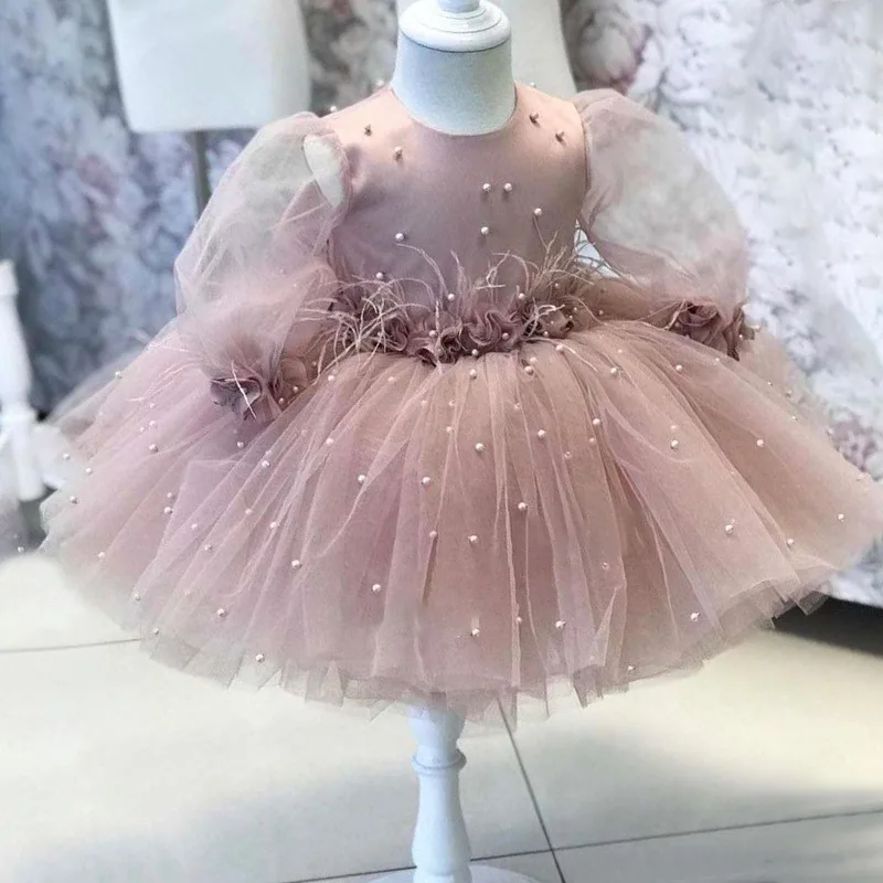 New European And American Children'S Dress Girls' Medium Long Sleeve Beaded Performance Birthday Princess Fluffy Skirt