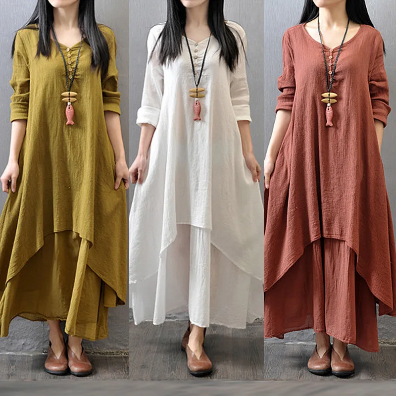 

Spring 2023 New Oversized Literature Art Vintage Fake Two Piece Cotton Linen Dress Women Long Sleeve Loose Casual Dresses Robes