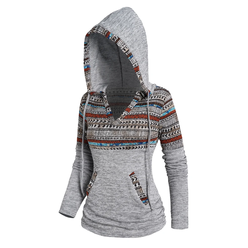 

Женская трикотажная толстовка с длинным рукавом, с рюшами, v-образным вырезом и карманами на завязках, трикотажная толстовка с этническим узором