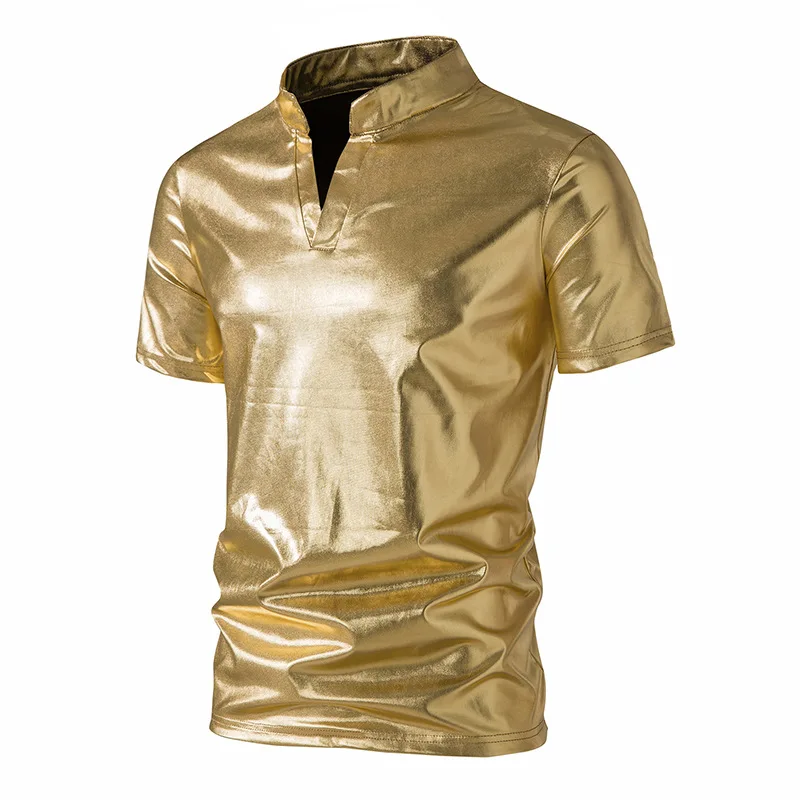 Shiny Gold Metallic Polo Shirt Men 2023 Brand Short Sleeve T Shirt Men 70's Disco Nightclub Party Prom Dance Tee Shirt Homme XXL