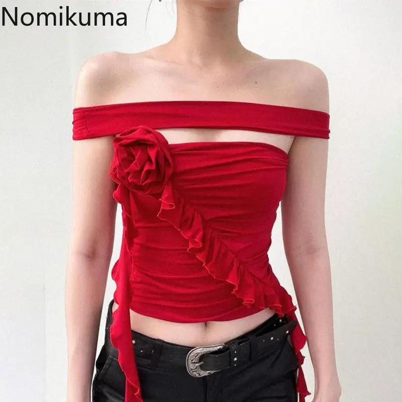 

Nomikuma Crop Top Women Summer Sleeveless Off Shoulder Flower Print Womens Clothing Sexy Vintage Punk Style Y2k Streetwear