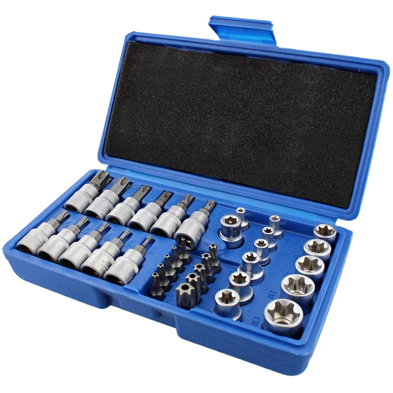 

34Pcs Torx Socket Set Triple Square Socket Set Torx Bit Socket Set Star Bit Set Male Female Set