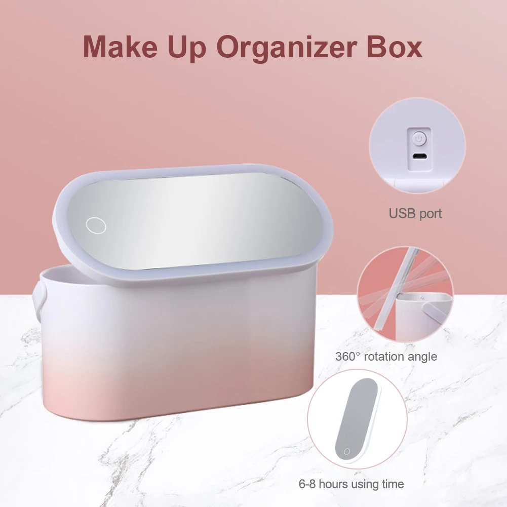 

Makeup Organizer Box With LED Light Mirror Portable Travel Makeup Cosmetics Organizer Touch Light Storage Makeup Carrying Case