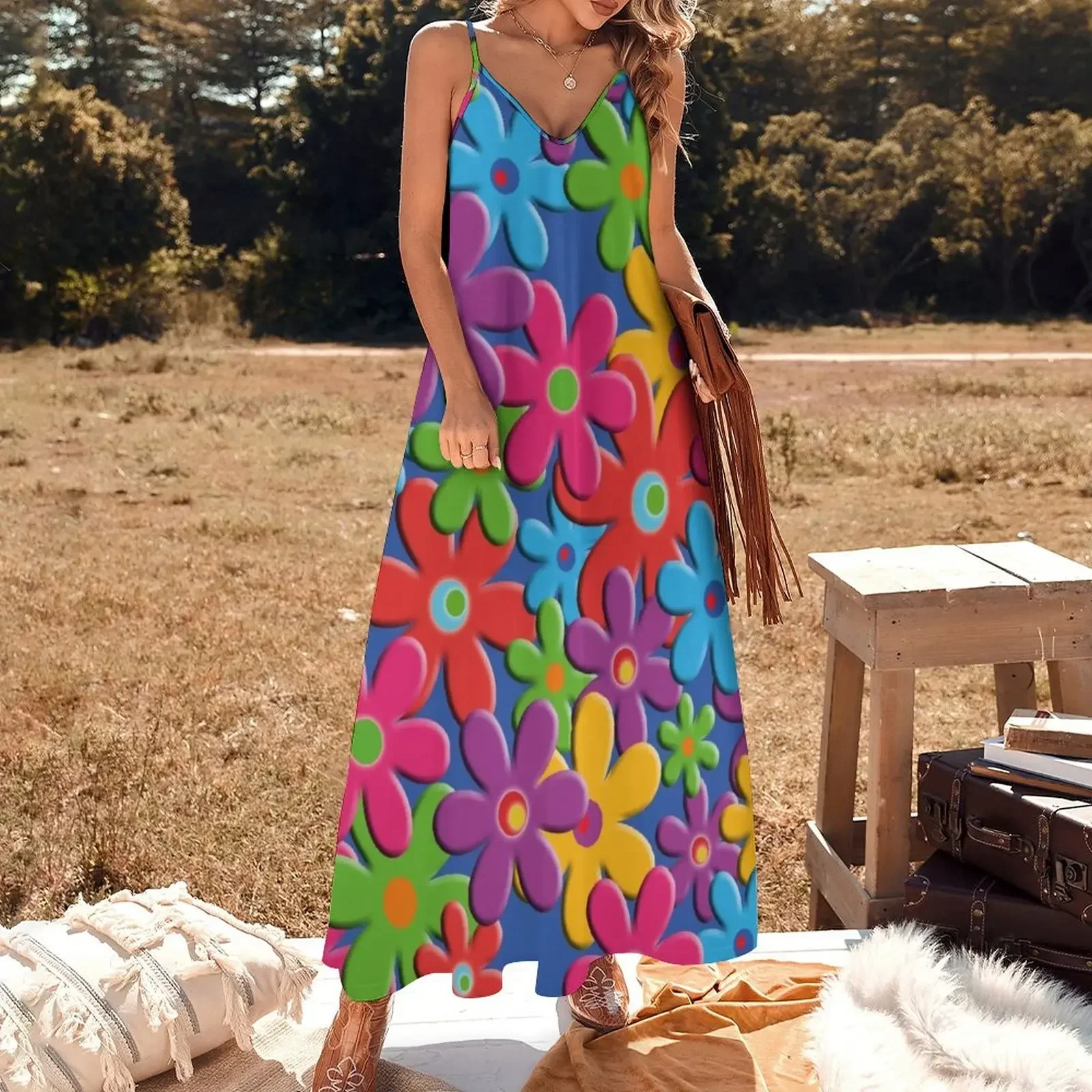 Женское длинное платье без рукавов с цветочным принтом