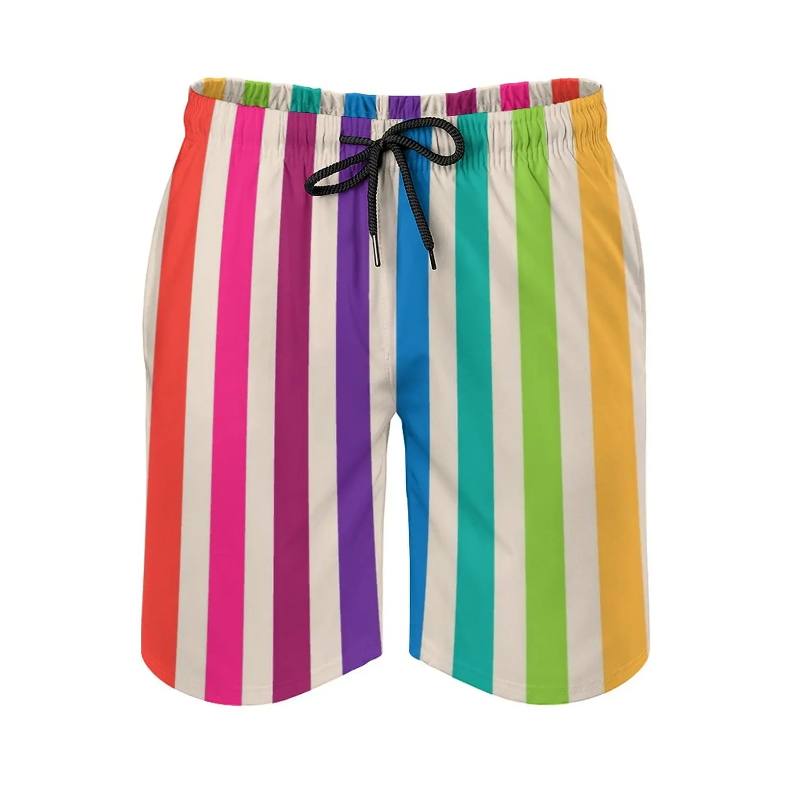 

Multi-Colored Rainbow Candy Stripes Pattern Men's Beach Shorts With Mesh Lining Surfing Pants Swim Trunks Stripes Striped