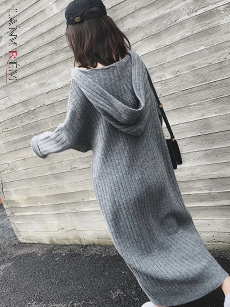 

LANMREM Knitted Dress For Women Hooded Thick Warm Long Sleeves Loose Dresses Female Casual Clothing 2022 Autumn Winter 2R2910