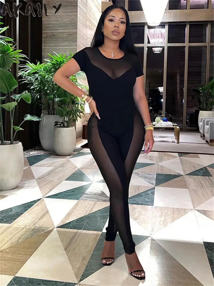 

Akaily Summer Black Mesh Bodycon Jumpsuit Women 2022 High Quality One Pieces See Through Outfits Patchwork Short Sleeve Playsuit
