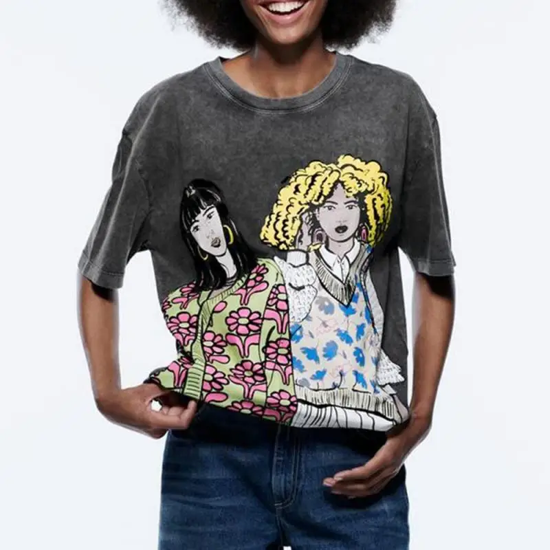 

2022 Summer New Cotton Tie-Dye Printing Round Neck Short-Sleeved T-Shirt Women's Fashion Loose Casual Chic Cartoon Printing Tops