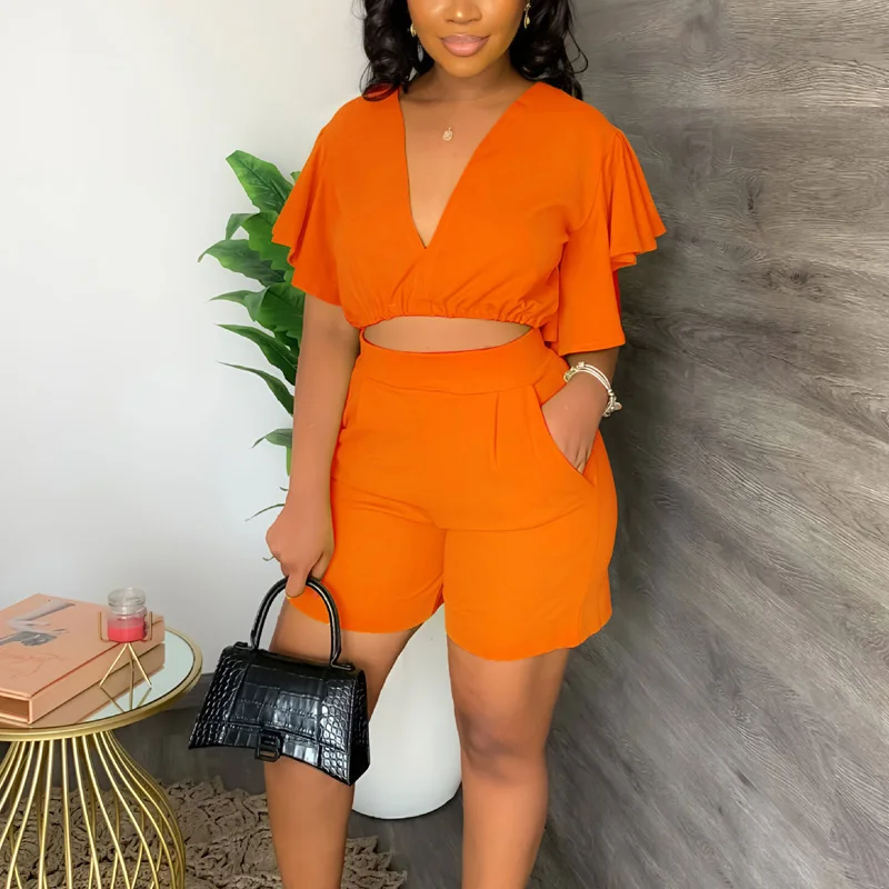 Fashion Two Pieces Set for Women Summer Suits V Neck Rullfed Sleeve Crop Top & Shorts Set Ladies Casual Two Piece Shorts Suit