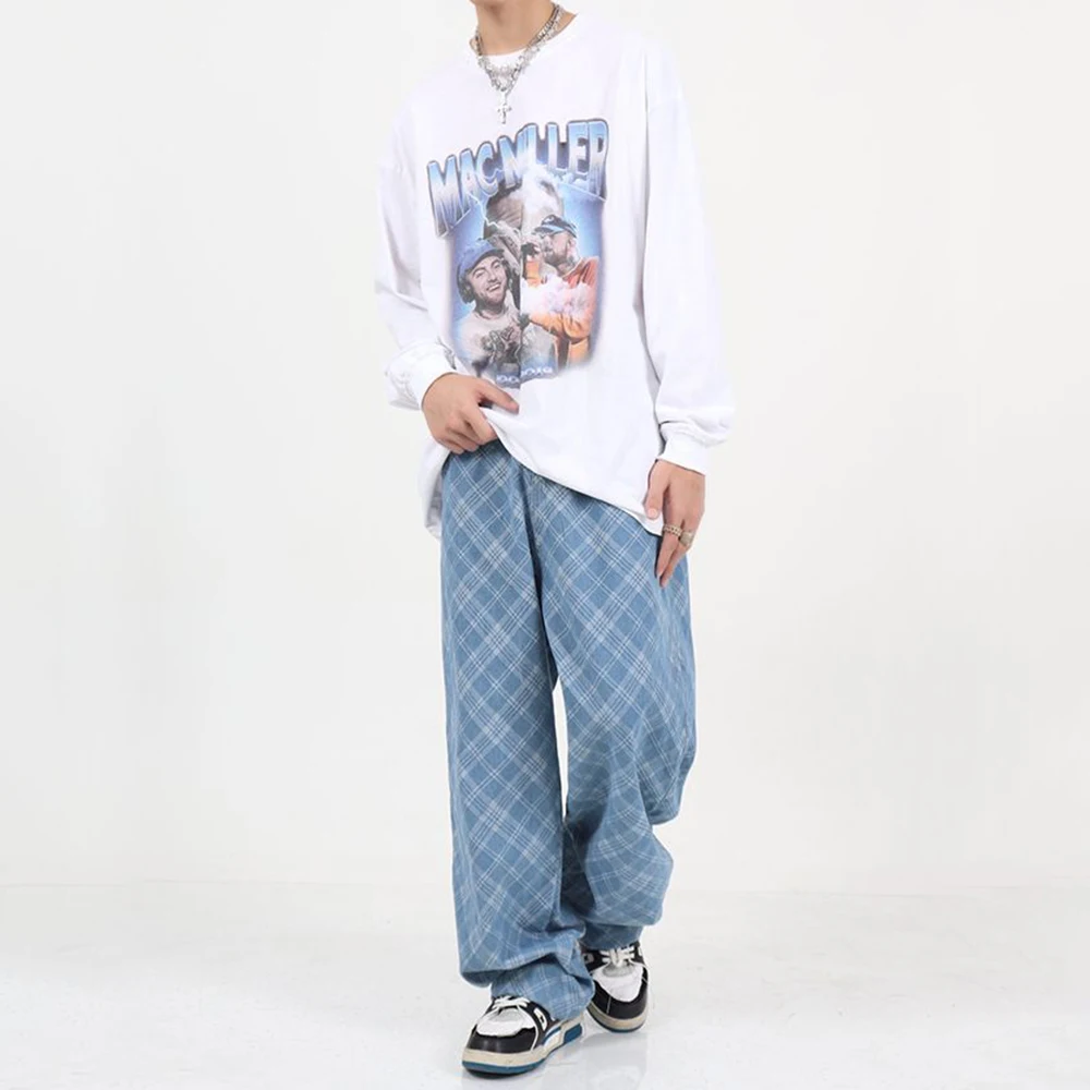 Men Jeans Plaid Baggy Jeans Fashion Loose Straight Wide Leg Pants Streetwear Harajuku Trousers Oversize Hip Hop High Street