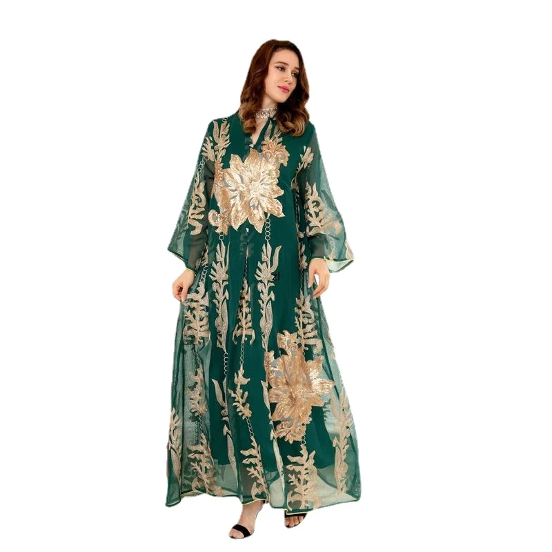 Ramadan Sequins Dubai Abaya Jalabiya Muslim Women Islamic Dress Imitation Linen Emboridery Moroccan Kaftan Evening Party Dresses