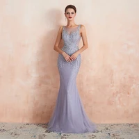 Luxury Beaded Crystal Evening Dresses 2022 Sexy Sheer Neck Lavender Mermaid Formal Prom Gowns for Women Sleeveless