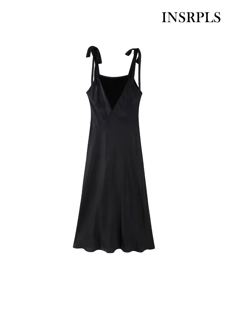 

INSRPLS Women Fashion With Tied Patchwork Satin Midi Dress Vintage Straight Neck Thin Straps Female Dresses Vestidos Mujer