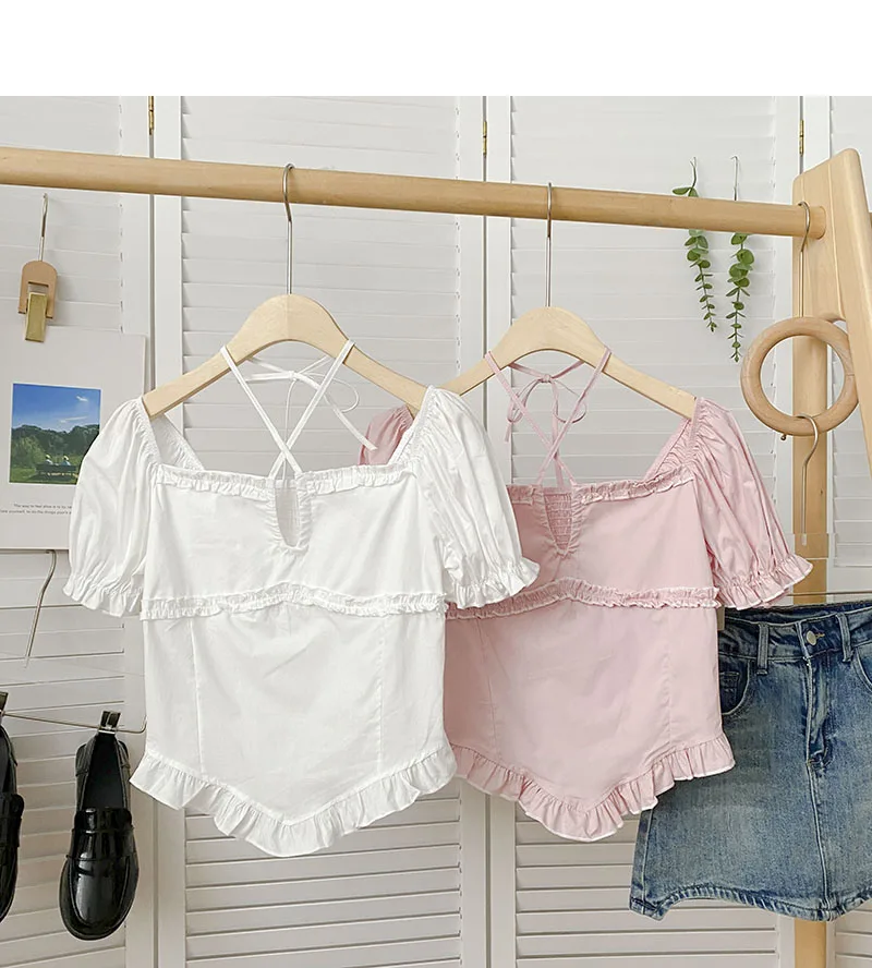 

Summer New Korean Sweet Bubble Sleeve Square Neck Lace Up Shirt Women