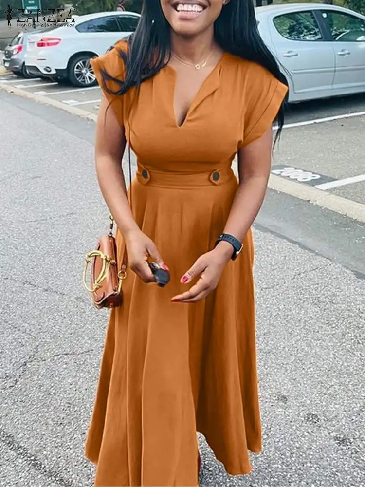 

ZANZEA Vintage Short Sleeve Party Dress Women 2022 Summer Bohemian Solid Maxi Long Sundress Casual Sexy V Neck A Line Vestidos 7