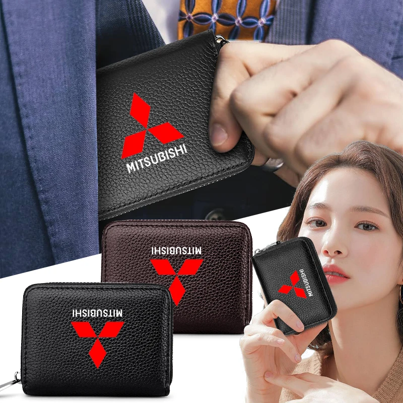 

Genuine Leather Wallet Driver License Business Card Holder Car Logo For Mitsubishi Lancer ASX Mirage Pajero Sport Xpander L200
