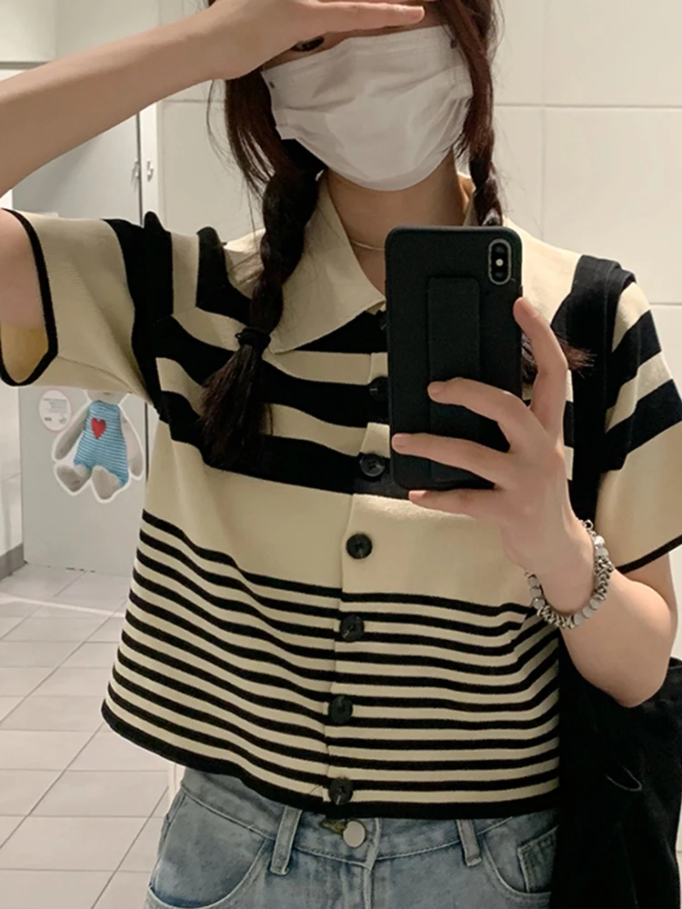 

2colors 2022 summer korean style Striped Turn Down Collar Knitted short sleeve womens Top t-shirts womens tee shirt femme(F6762)