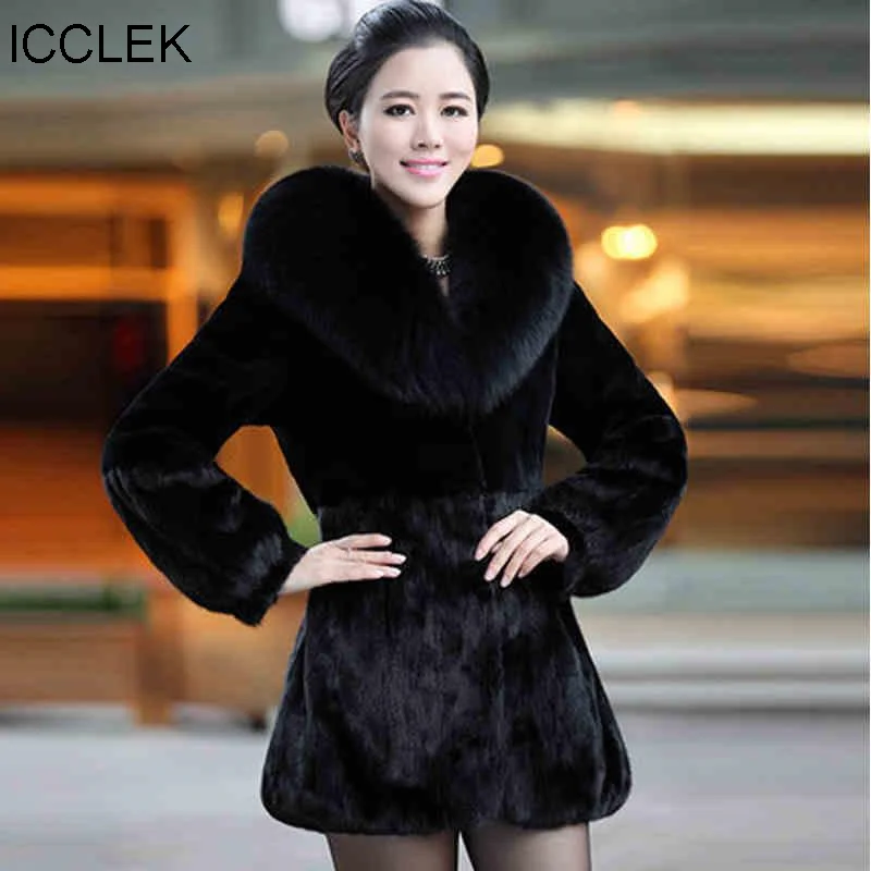ICCLEK Faux fur coat women Faux fox hair collar women's medium long mother's dress large Faux Mink Coat rabbit fur coat
