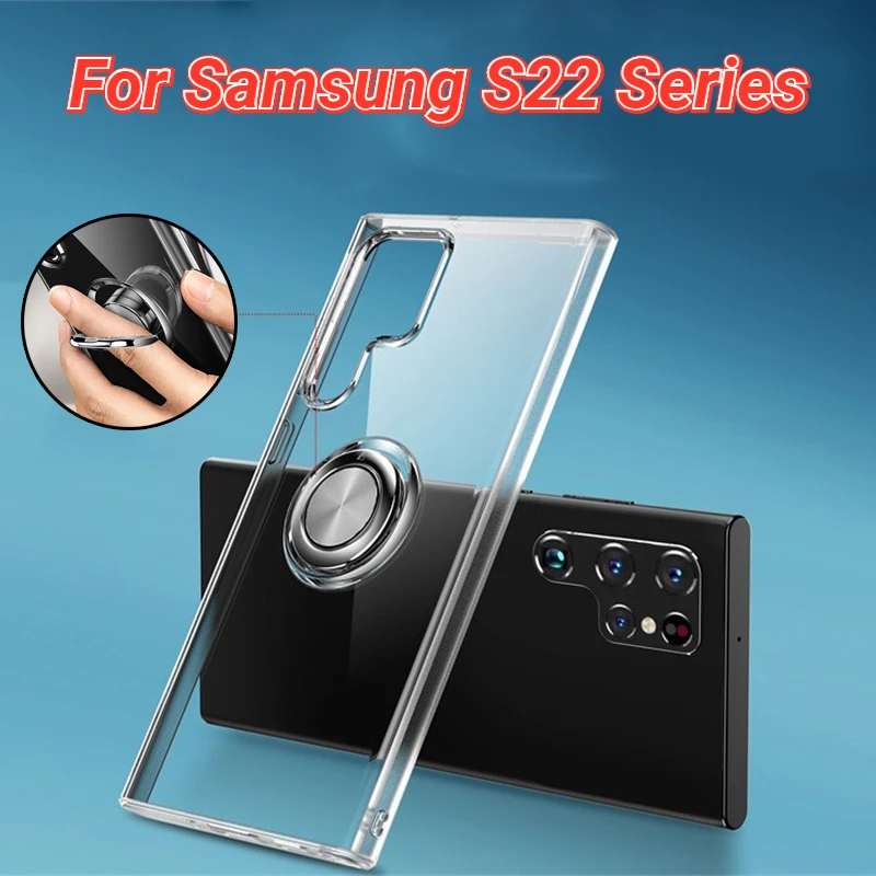 

For Samsung S22 Clear Silicone Case With Foldable Ring Holder For Samsung S22 Plus/Ultra Metal Stand Ring Protective Cover