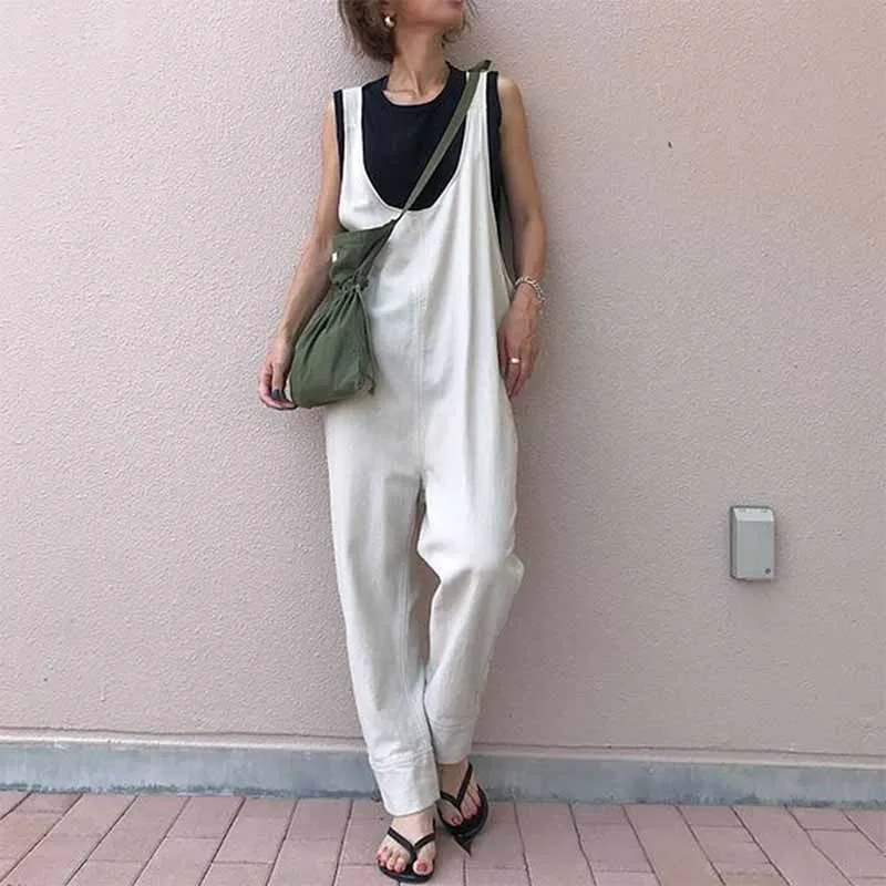

2022 Loose Casual Jumpsuit Women Summer Sleeveless Overalls Vintage Streetwear Black White Jumpsuit Solid Rompers with Pockets