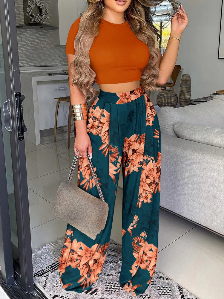 

Shein chicme 2022 летний комплект из двух предметов, женские широкие брюки с принтом, модные спортивные костюмы, Повседневная элегантная женская од...