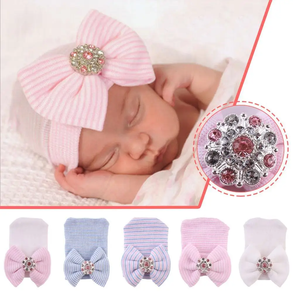 

Baby Girls Infant Striped Soft Hat With Bow Cap Hospital Beanie Headband For Boys Accessories