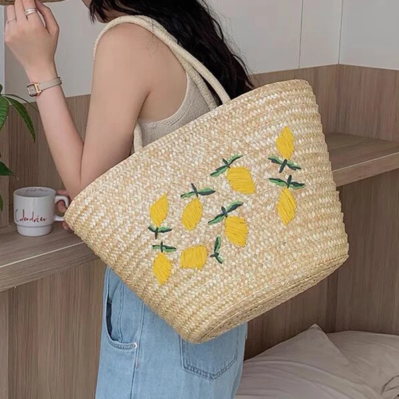 

Floral Embroidery Women Handbags Summer Handmade Straw Woven Large Capacity Shoulder Bag Fashion Casual Simple Femme Bags 2022