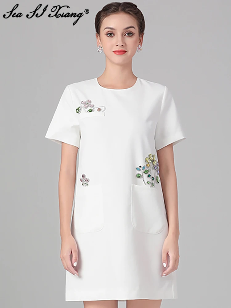 Seasixiang Fashion Designer Summer Dress Women O-Neck Short Sleeve Crystal Diamonds Pocket Casual White Mini Dresses