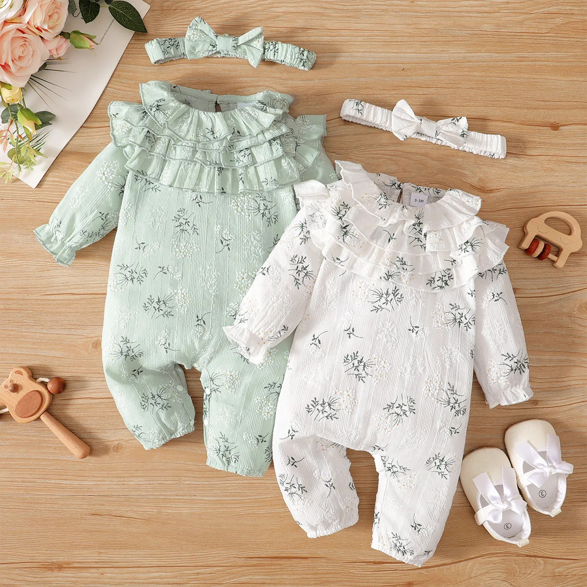 

0 to 12 Months Baby Girl Romper Newborn Baby Girl Bodysuit Flowers Lotus Leaf Long Sleeve Jumpsuit with Baby Onesie