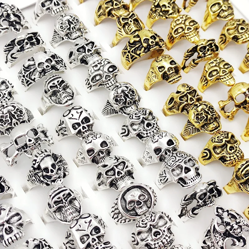 

20/30/50pcs/Lot Vintage Punk Skull Skeleton Rings for Men and Women Plated Silver Gold Black Gothic Charm Jewelry Gift Wholesale