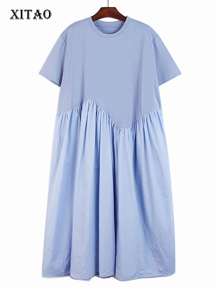 

XITAO/платье-футболка с коротким рукавом, модное Повседневное платье в стиле пэчворк с круглым вырезом, однотонное простое свободное платье б...