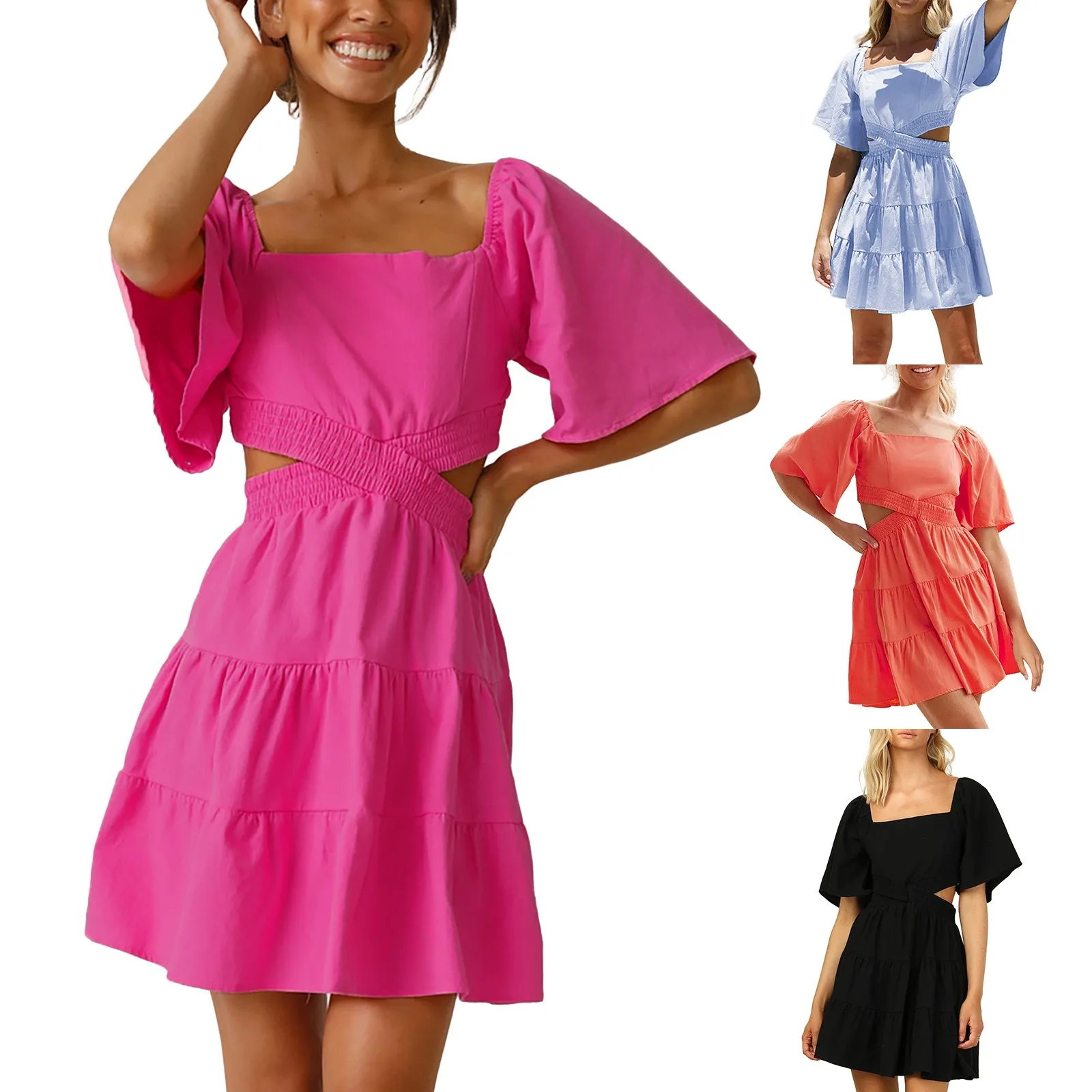 

Женское летнее платье с вырезом, Повседневное платье с коротким рукавом, мини-платья в несколько рядов с вырезом сердечком, женское облегаю...