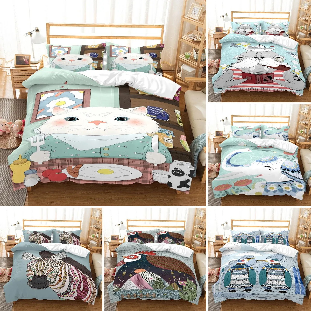 

Cartoon Animal Kids Duvet Cover King/Queen Size,Cute Kitten Eating Western Food Pattern Print Quilt Cover,animal Theme Bedding