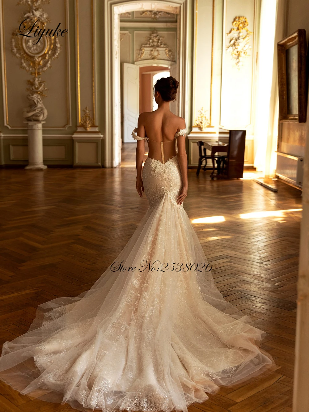 Фото Liyuke элегантное кружевное свадебное платье русалки с аппликацией Robe De Marriage Милое свадебное платье с открытыми плечами №3