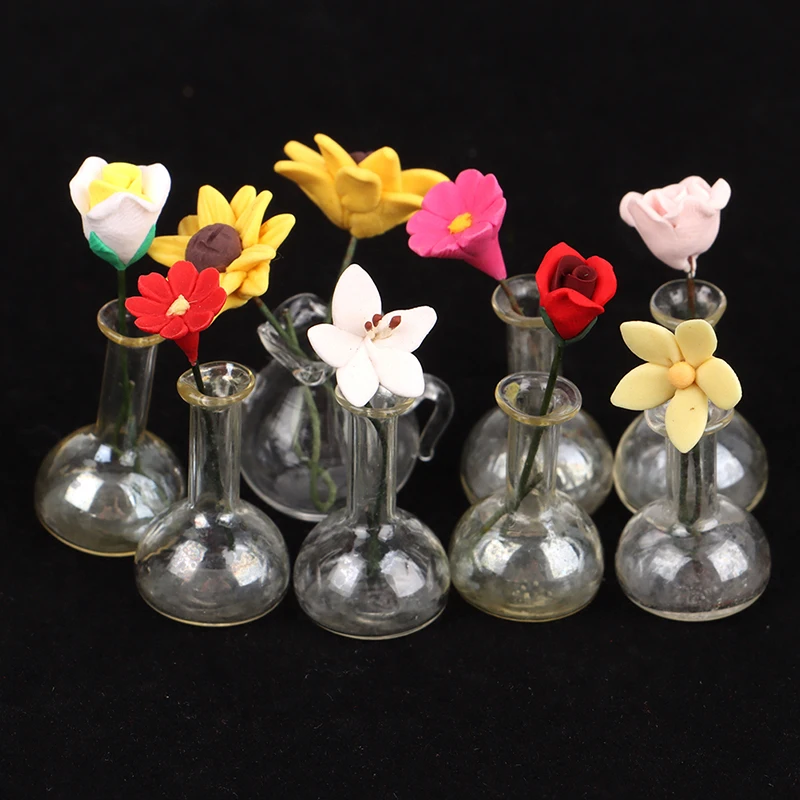 

1:12 миниатюрная каучуковая ваза для кукольного домика с рододендроном, Цветочная композиция для подсолнуха, модель кукольного домика, декоративная игрушка, 8 стилей