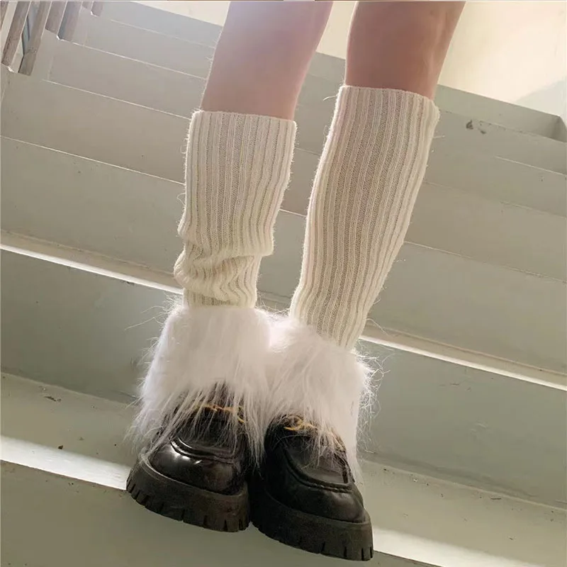 Japanese  Leg Warmers Kawaii Feather Knitted Cover Y2K Girl Cute Leg Cover JK Handmade Warme Hot Girl Harajuku Long Cable Socks