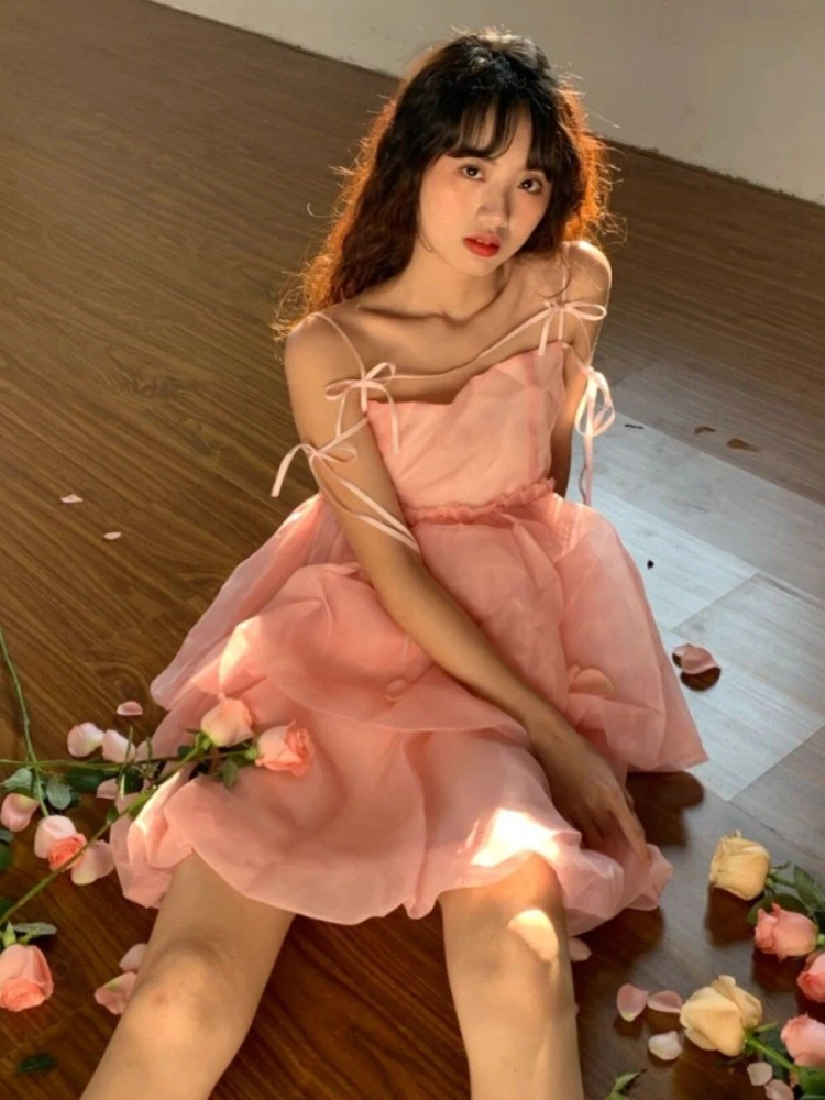 

Женское мини-платье в Корейском стиле, розовое винтажное милое платье на бретелях, повседневное пляжное сказочное платье принцессы, модель ...