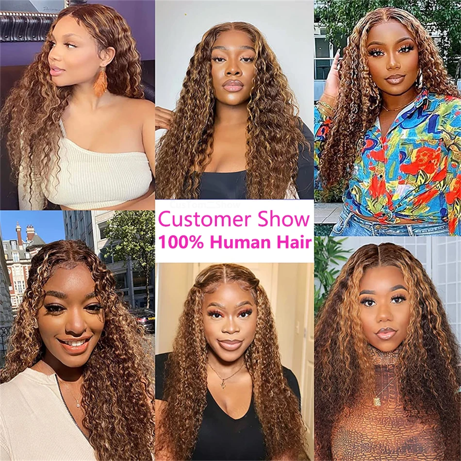 Фото 427 Ombre Highlight Human Hair Wig Deep Wave 13x4 13x6 Парик фронтальной части шнурка 200% Плотность Предварительно выщипанный Ombre Медовый Блондин Коричневый Парик №5