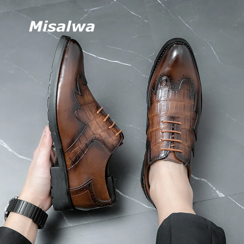 

Misalwa Crocodile Pattern Splicing Men Suit Shoes Brogue Men Wedding Elegant Oxford Shoes Party Men Dress Shoes Formal