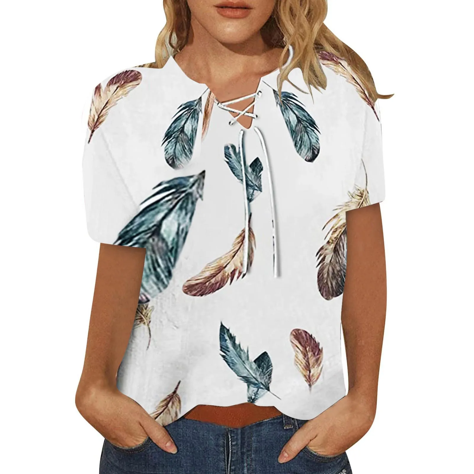 

Женские топы со шнуровкой спереди и V-образным вырезом, с коротким рукавом, с принтом, летний цвет