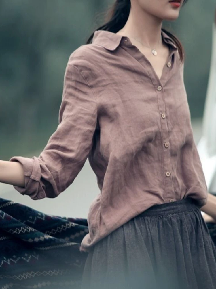 Рубашка женская из хлопка и льна однотонная блузка на пуговицах в стиле ретро