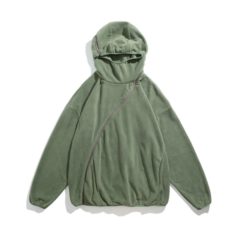 

Мужские однотонные флисовые толстовки с капюшоном и изогнутой молнией в стиле унисекс, Повседневный пуловер большого размера в стиле хип-х...