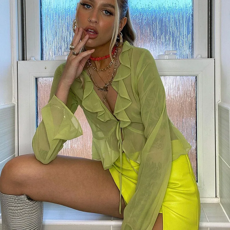 

Woman T-shirts Ruffles Top Halter See Through T-shirt Lacce Up Tops Long Sleeve T-Shirts Fairy Grunge Shirt Y2k Clothes T-shirts