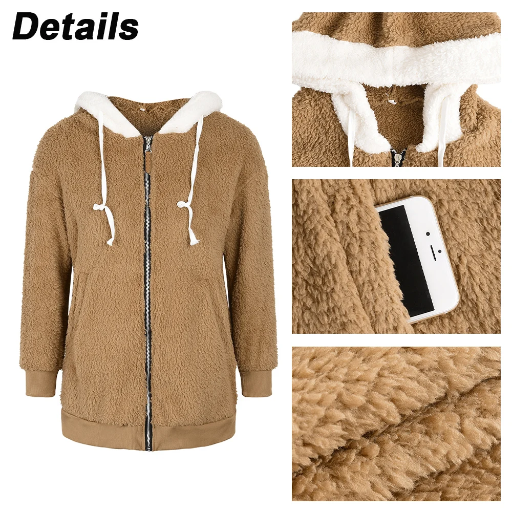 2021 Women Winter Teddy Jacket Warm Thick Fleece Faux Fur Coat Plush Coat Woman Casual Fluffy Pockets Hooded Overcoat Outerwear