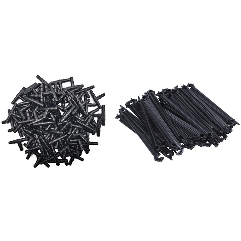 

50Pcs C-Shaped 4/7Mm Drip Irrigation Pipe Bracket With 200Pcs 1/4 Inch Barbed Tee Fittings,For 1/4 Inch Hose Connectors
