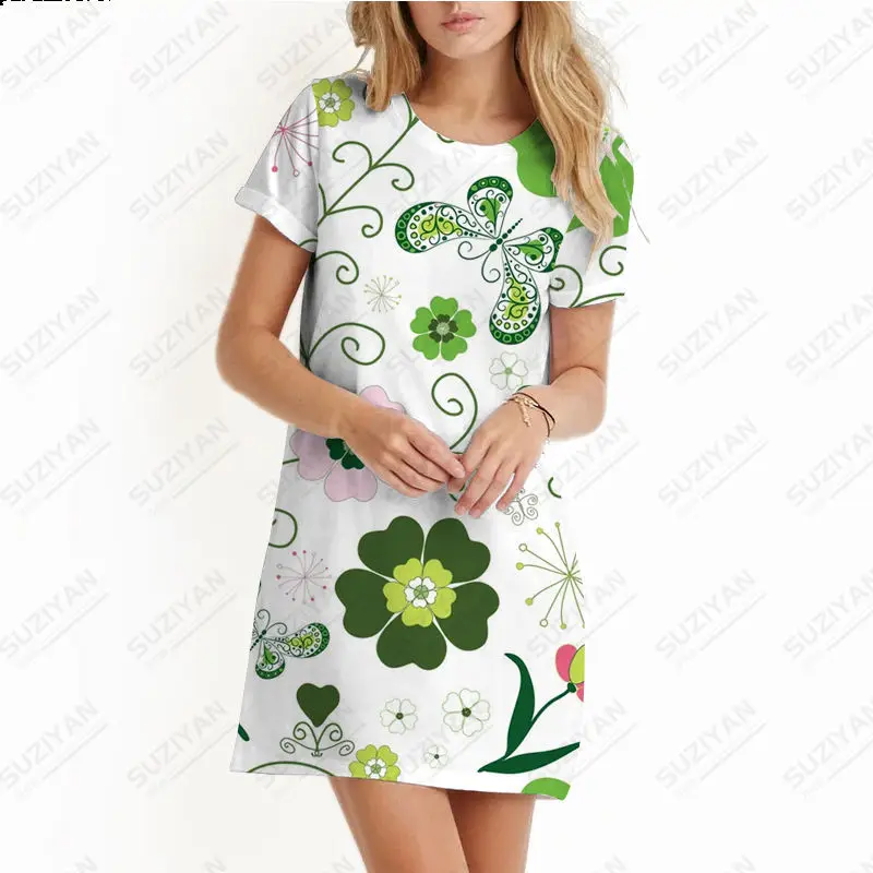 

Fashion Women's Loose A-line Dress Vintage Women's Summer Sun Dress Casual Short Sleeve O-Neck Green Leaf 3D Print miniskirt