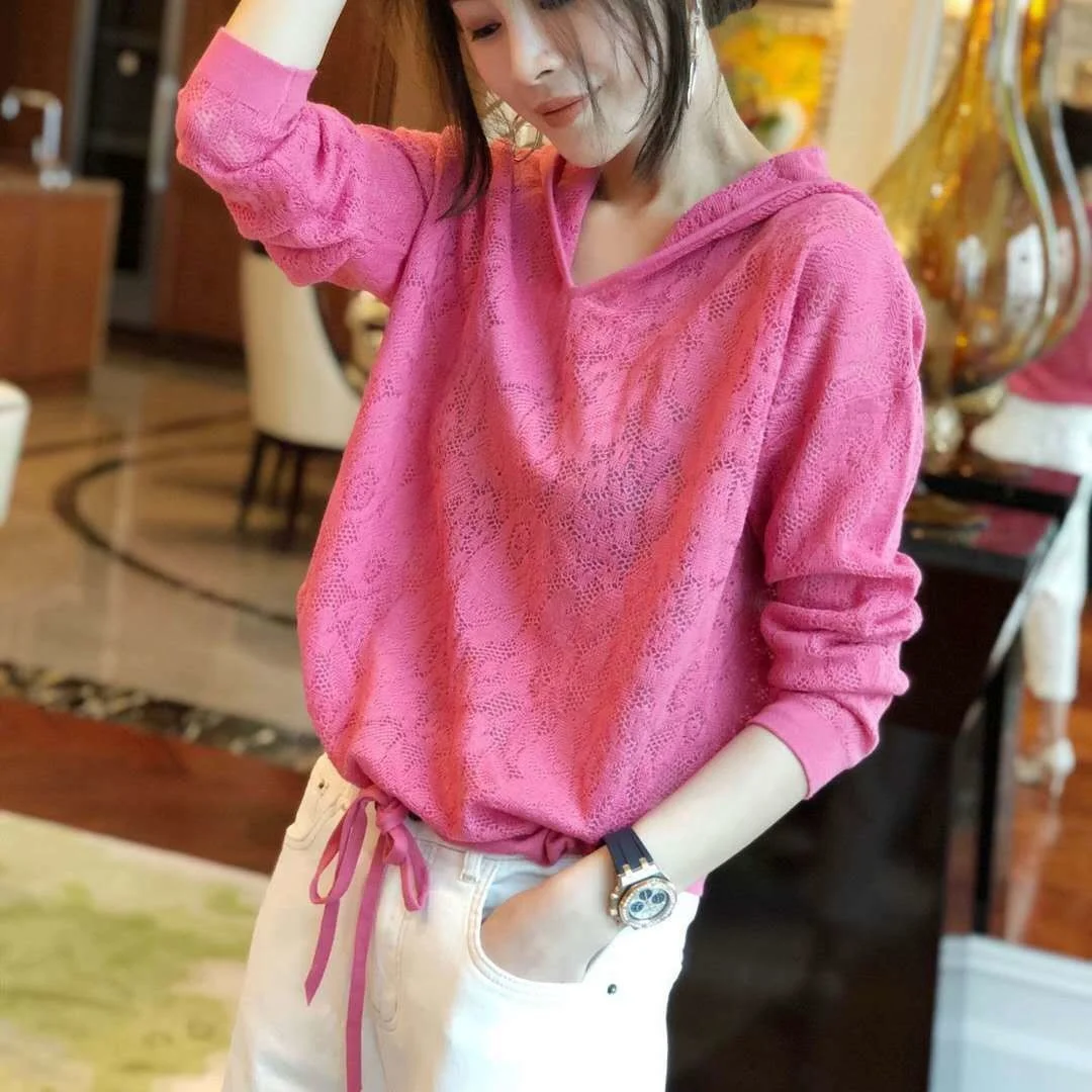 

Женский трикотажный пуловер с капюшоном, тонкий свободный Однотонный свитер с V-образным вырезом и длинными рукавами, модель A39 на весну, 2023